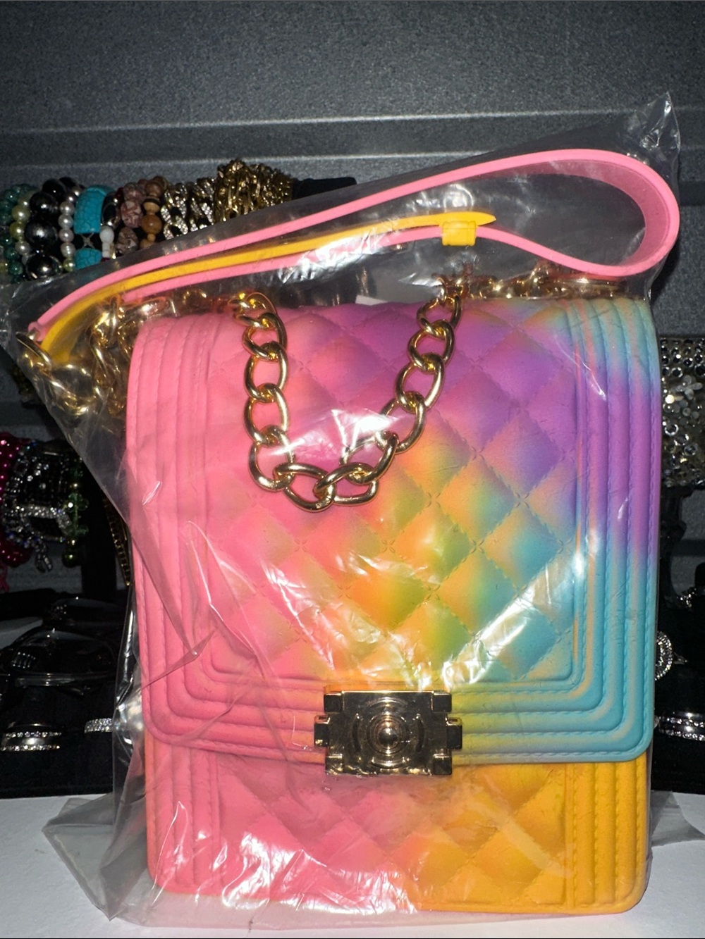 Quilted Rainbow Gradient Crossbody Bag with Gold Chain